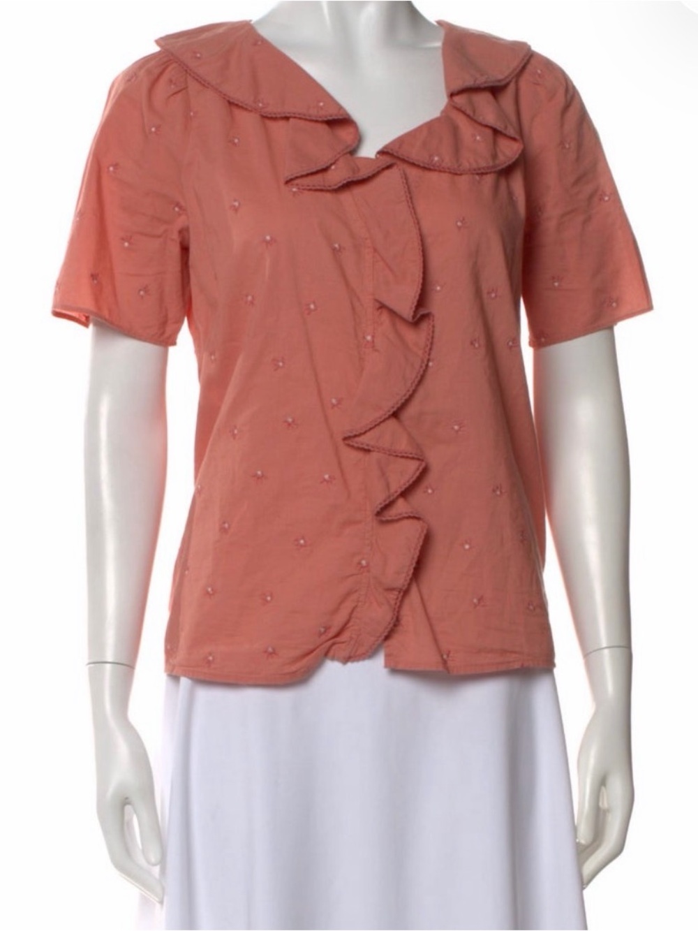 Sezane Coral Ruffle-Trim Short Sleeve Blouse